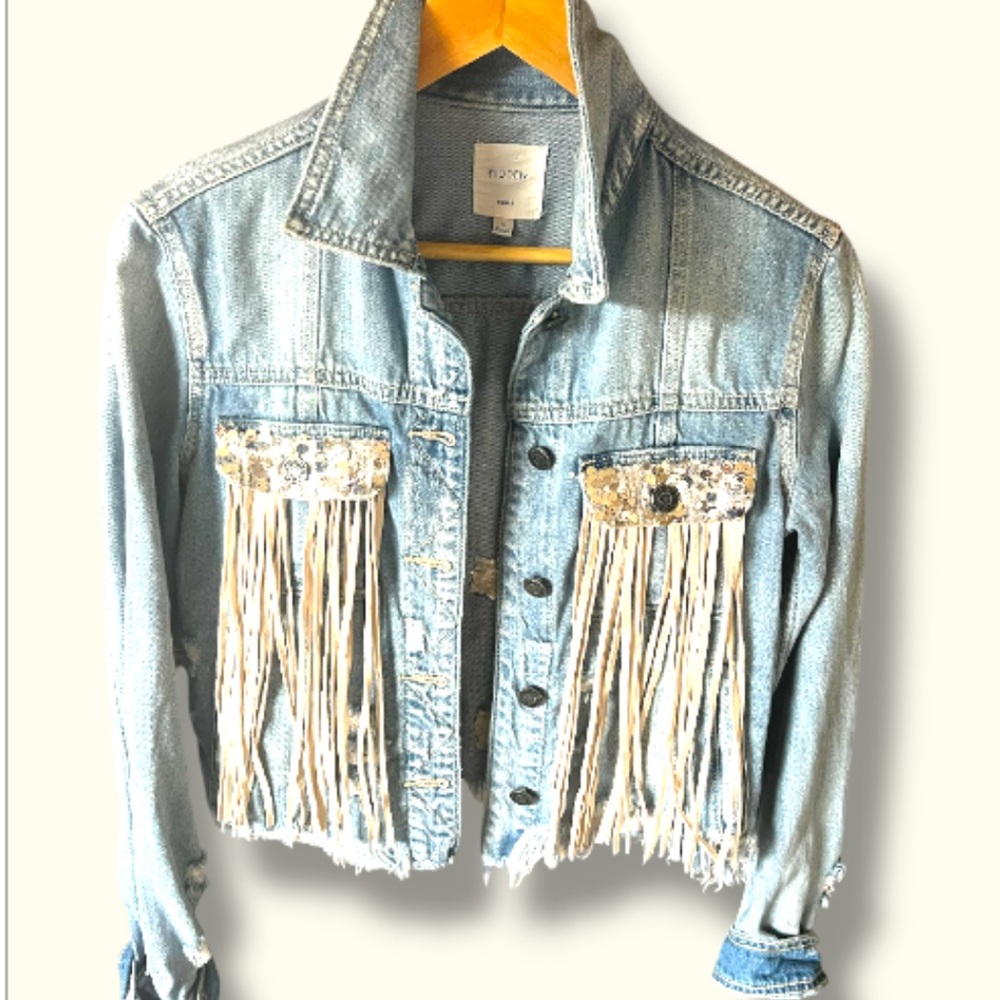 Hidden Women's Blue Jean Jacket with Fringe and sequins. - Picture 2 of 9